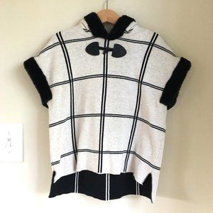 Tahari Hooded Knit Poncho Sweater with Faux Fur Trim, Soft Almond/Black, Size 4